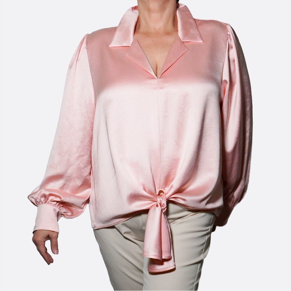 Karen Kane Rosewater Satin Blouse Plus Size 2X XXL Old Money Luxe‎ Tie-Front